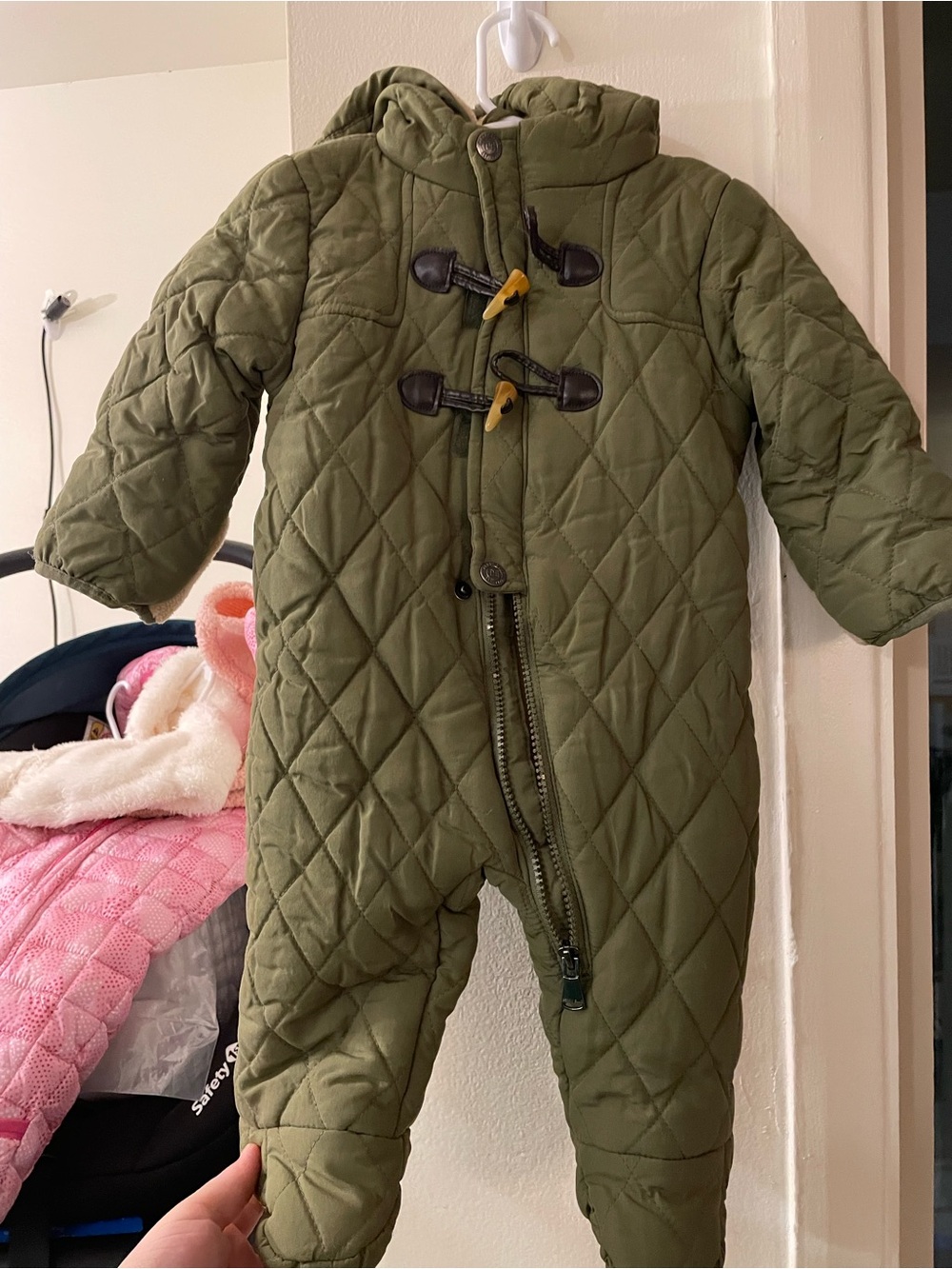 Vintage Perry Ellis Olive Green Quilted Baby Jacket with Cream Fleece Lining